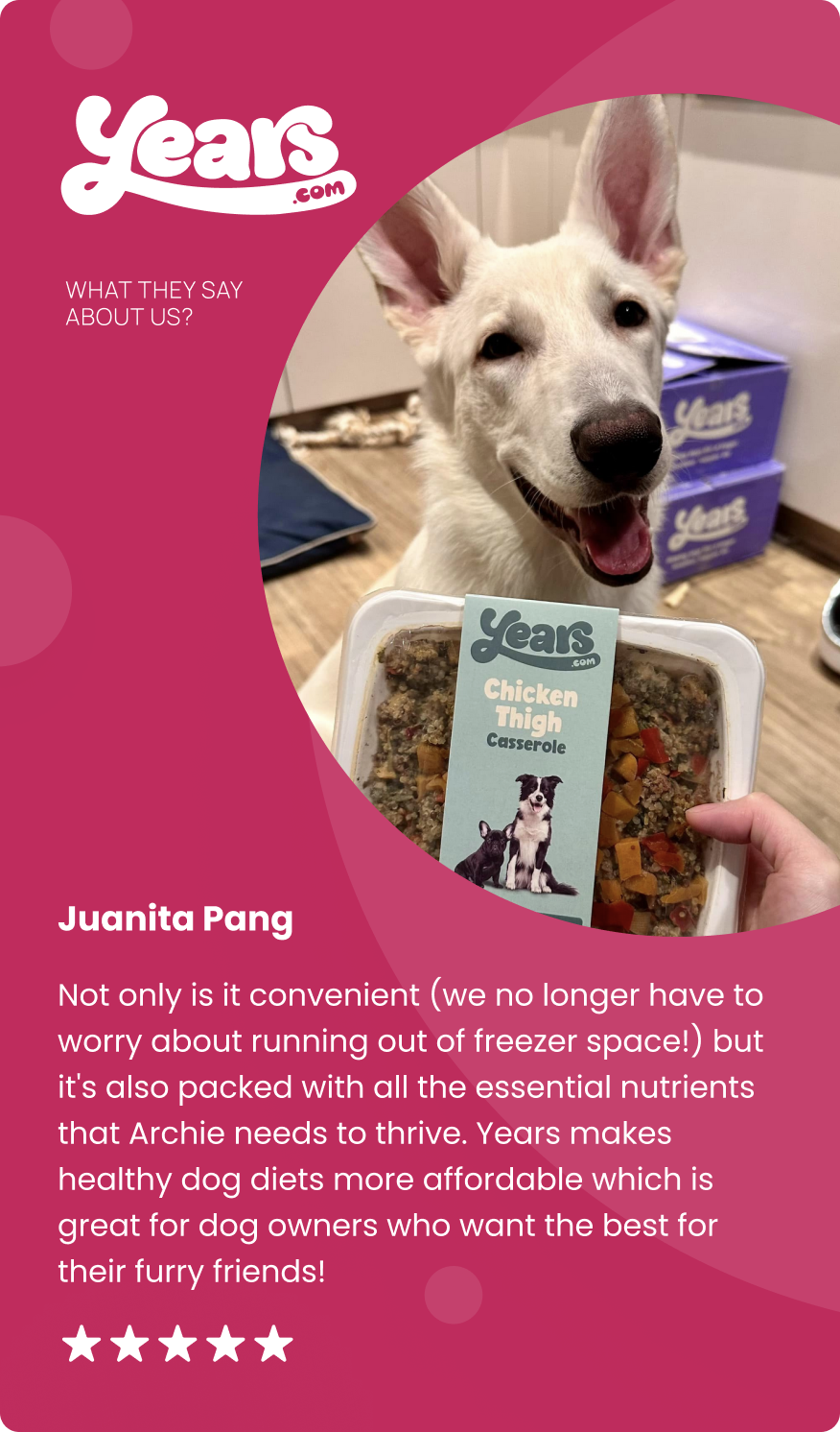 Archie next to his Chicken Thigh Years Meal, it's packed with all the essential nutrients that Archie needs to thrive.