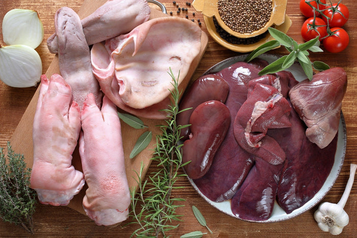 Diffrent types of offal and organ meats for dogs