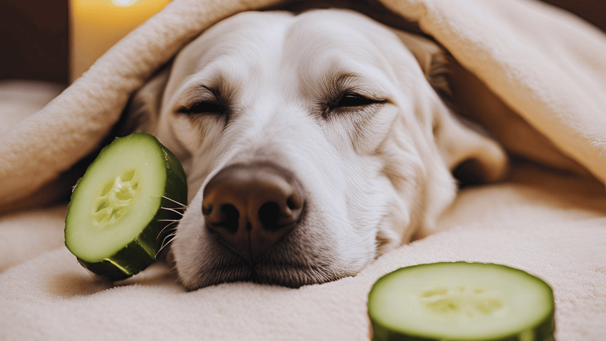 dog relaxing with towel over head and cucumbers