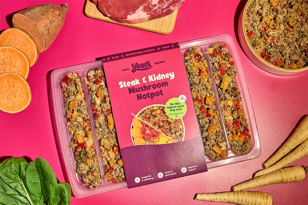 A vibrant magenta background with a round bowl on the left filled with a colorful mix of diced steak, kidney, mushrooms, quinoa, red pepper, carrot, potato and greens. On the right is a green three-compartment meal tray partially covered by a matching magenta sleeve labeled “Years – Steak & Kidney Mushroom Hotpot, personalised for Hugo,” showing the same chunky hotpot portions.